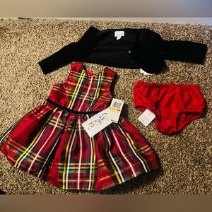 Festive 3 Piece Plaid Kids Dress with Black velvet Bolero and matching underwear